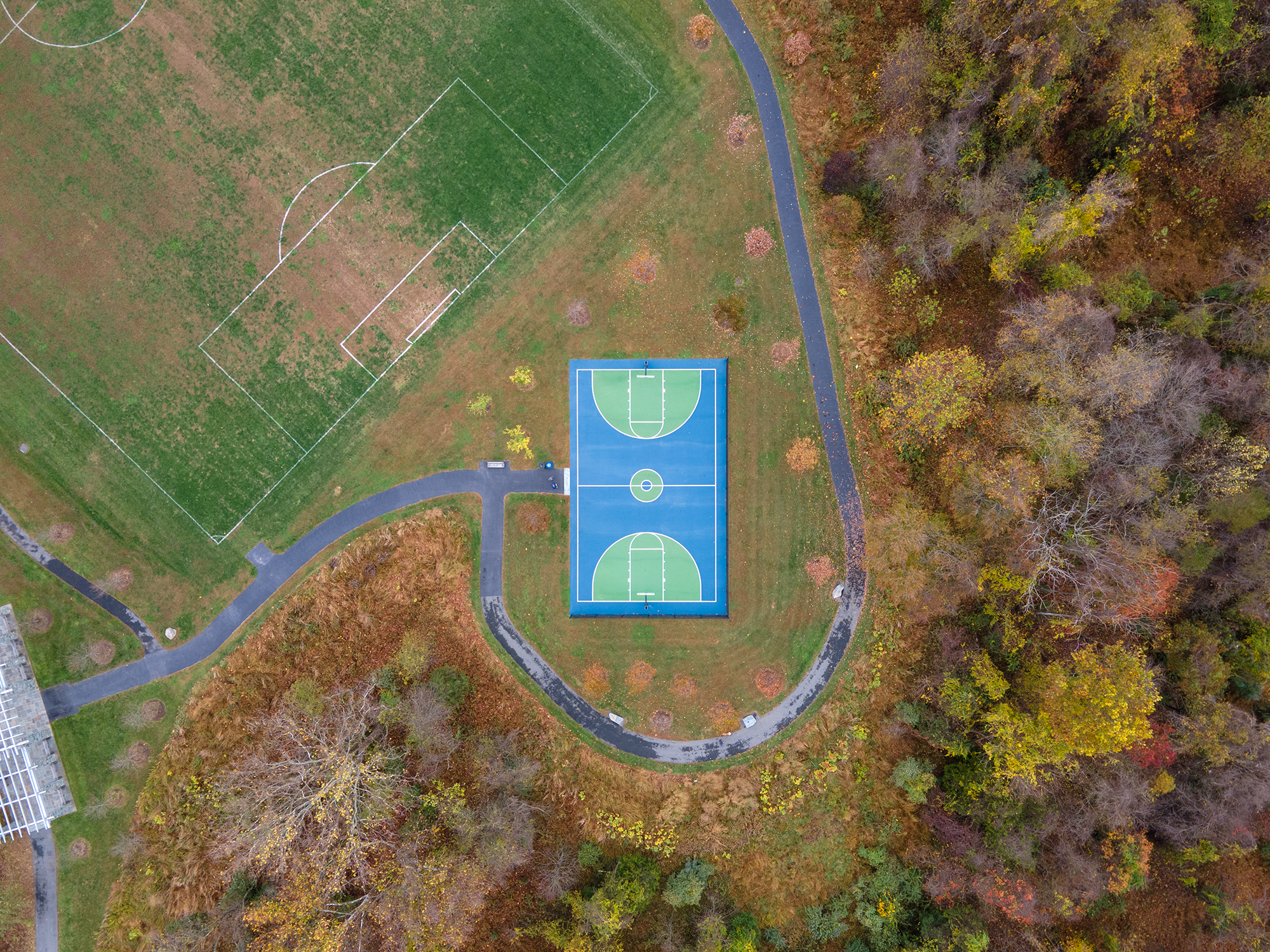 Top down shot of a blue basketball court with fall foliage